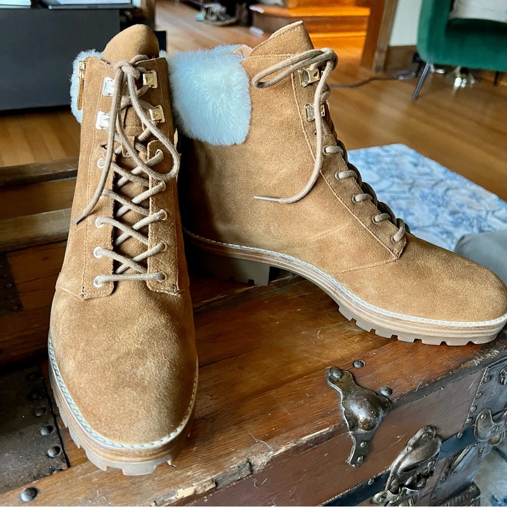 Michael Kors Brown Suede Rosario Ankle Booties with Real Lamb Fur Trim